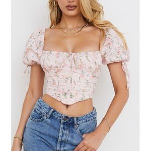 House of CB Gracie Pink Floral Puff Sleeve Corset Top Size Small